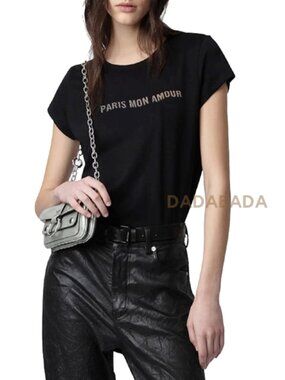 Zadig & Voltaire WOOP Black PARIS Lettering Print Basic Short Sleeve T-Shirt Top